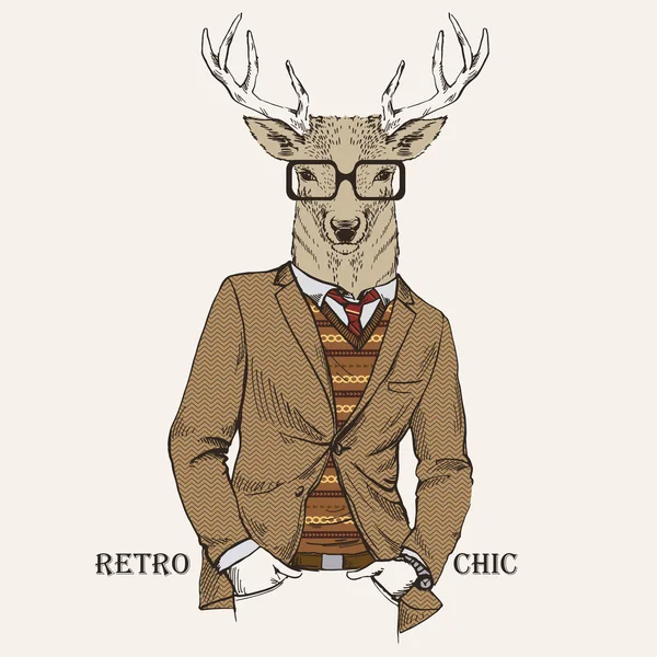 Fashion Illustration of Deer dressed in Vintage Style — Stock Vector