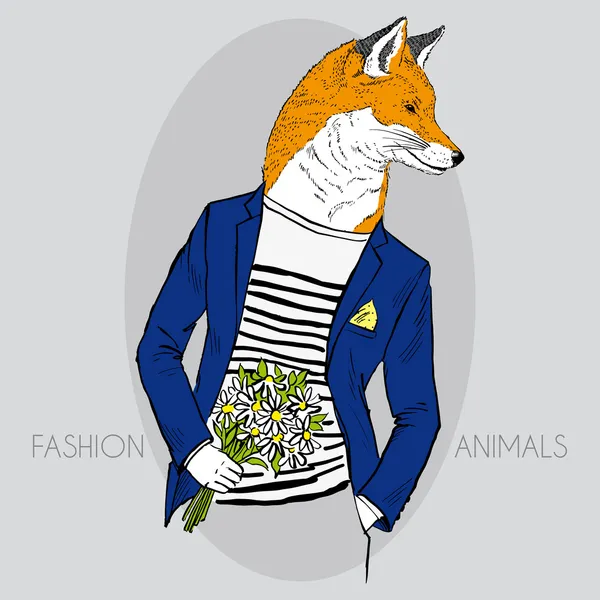 Ilustración de moda de Fox con ramo de margaritas — Vector de stock