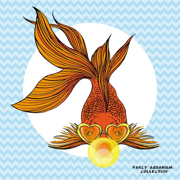 Vector illustrashion van gouden vissen in hartvormige zonnebril en kauwgom — Stockvector