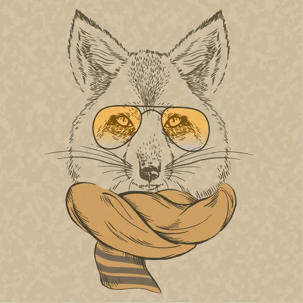 Retrato de zorro dibujado a mano en gafas y bufanda, look otoño — Archivo Imágenes Vectoriales