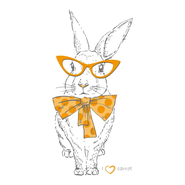 Vector illustration of bunny in trendy glasses and bow — Stock Vector