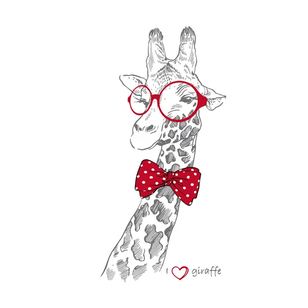 Ilustración dibujada a mano de la jirafa en gafas redondas — Vector de stock