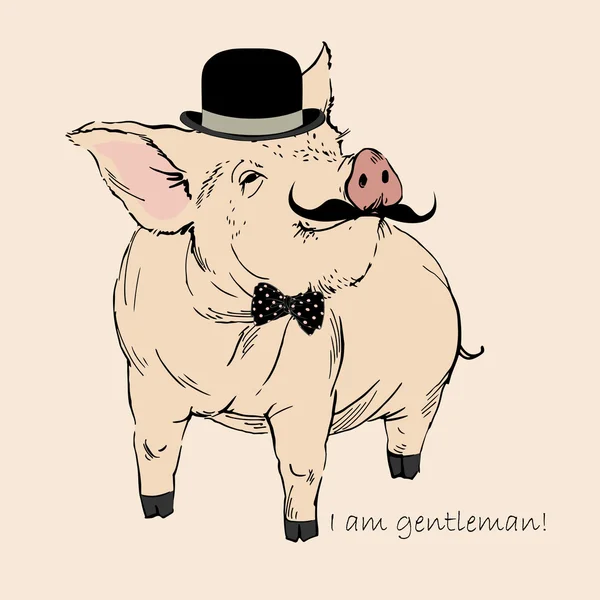 Cute Pig Gentleman in Bowler Hat and Mustache, Piggy Hipster — Stock Vector