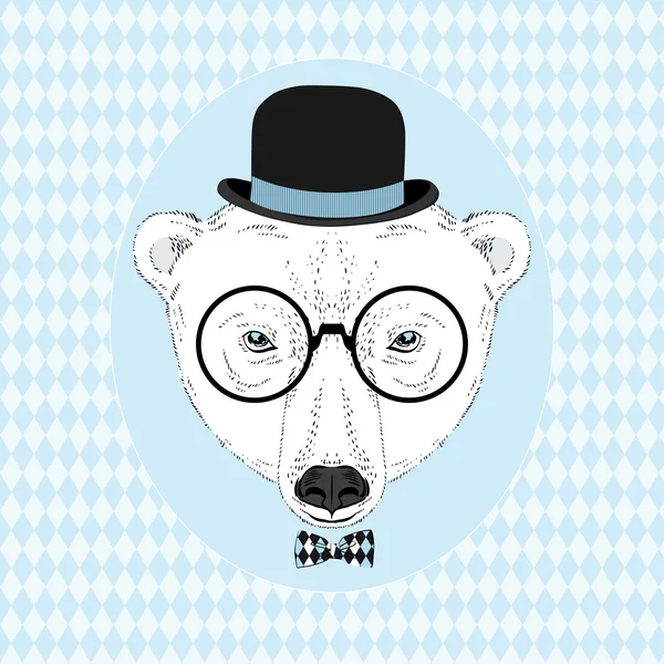 Hand getekend vector portret ot white bear in bolhoed, hipster blik — Stockvector