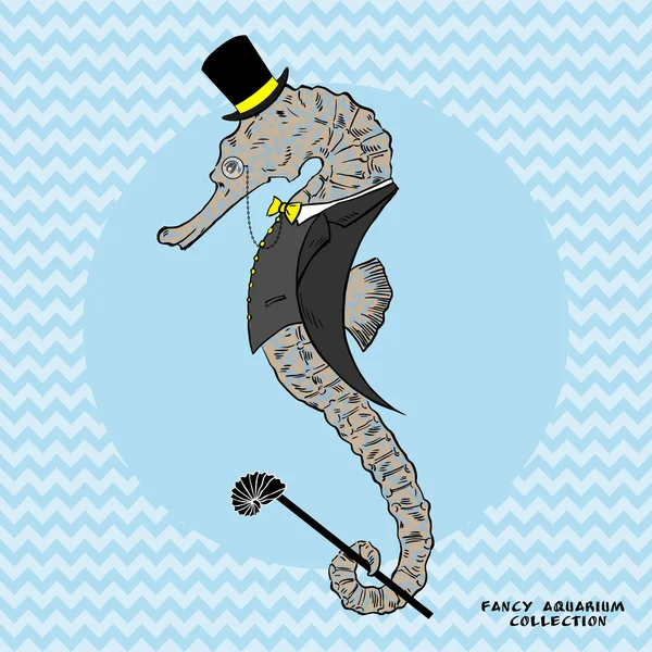 Vector Illustrashion of Sea Horse em Tuxedo, Tall Hat, Monocle e Walking Stick —  Vetores de Stock