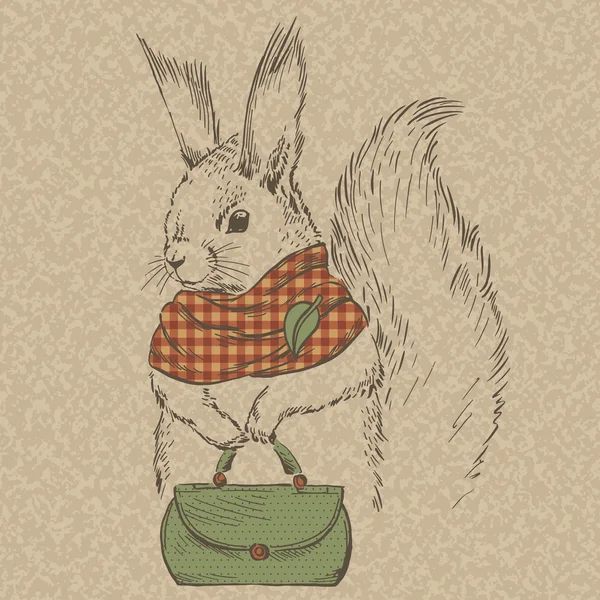 Mode eekhoorn in sjaal met tas, vectorillustratie — Stockvector