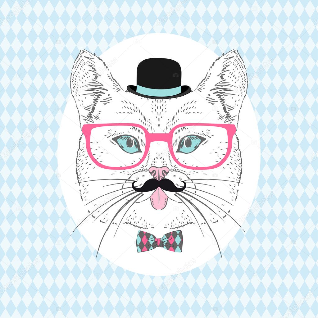 Cat Hipster with Mustache, Bowler Hat and Pink Glasses