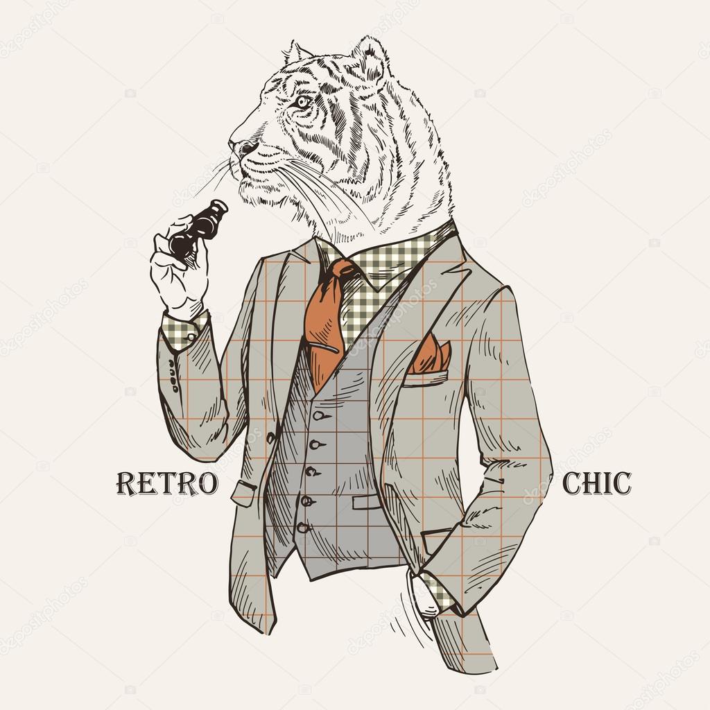 Fashion Illustration of Tiger dressed in Vintage Style