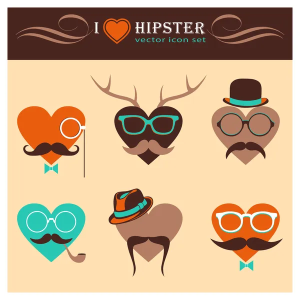 Vector Heart Icon Set with Hipster Elements — Stock Vector