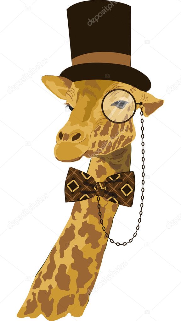 Portrait of giraffe in tall hat with printed bow tie and monocle