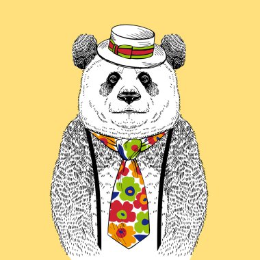 Hand Drawn Fashion Illustration of Panda in Colorful Tie and Straw Boater isolated on light background clipart