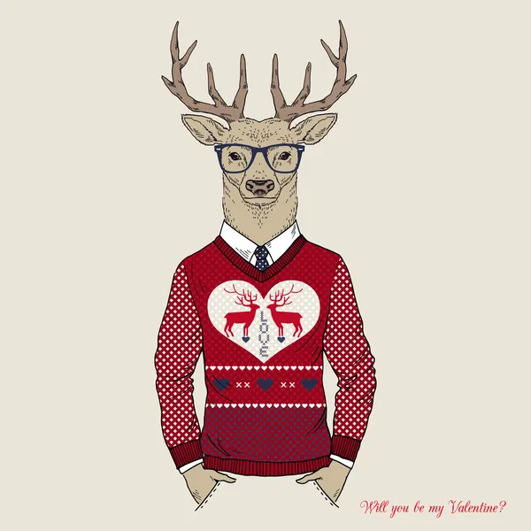 Illustrazione vettoriale disegnata a mano di Deer Hipster in maglione jacquard, design di San Valentino — Vettoriale Stock