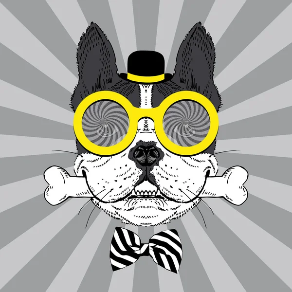 Retrato de Happy French Bulldog en sombrero de jugador de bolos, grandes gafas redondas y lazo a rayas con hueso — Vector de stock