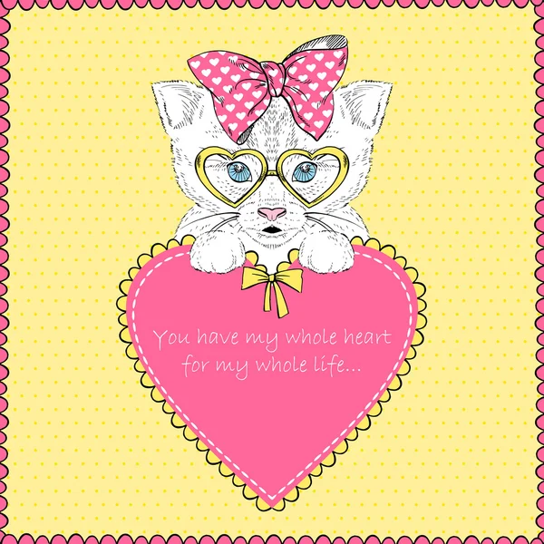Рисунок девочки-котенка с сердцем, День Святого Валентина, любовь — стоковый вектор