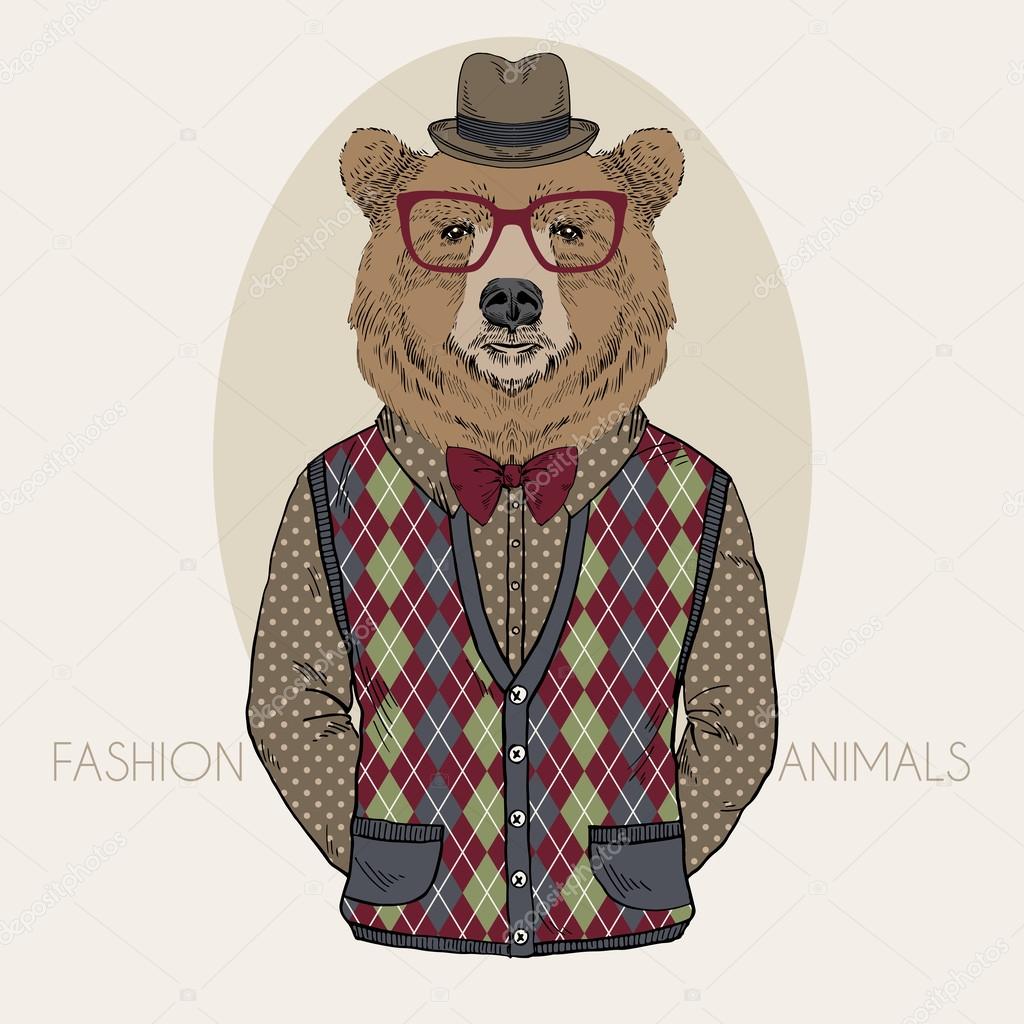 Hand Drawn Fashion Illustration of Bear in colors