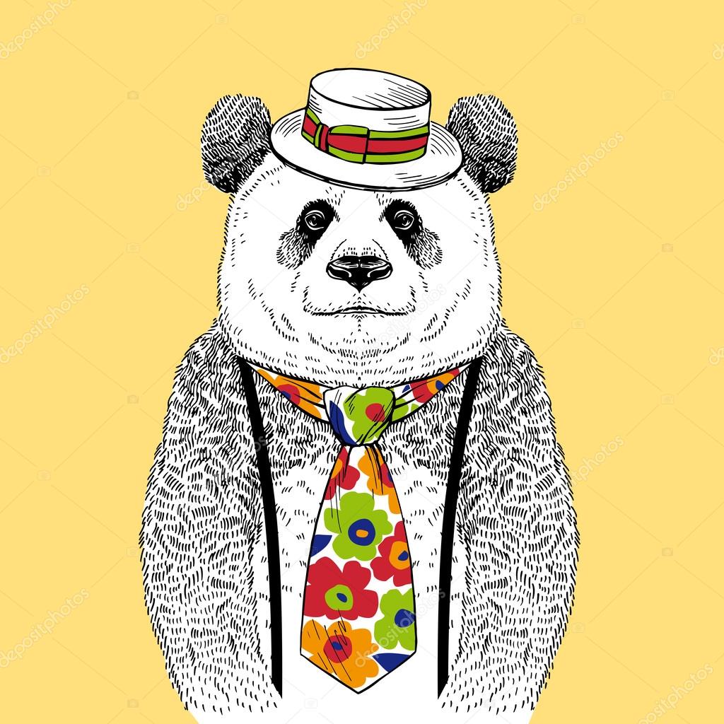 Hand Drawn Fashion Illustration of Panda in Colorful Tie and Straw Boater isolated on light background