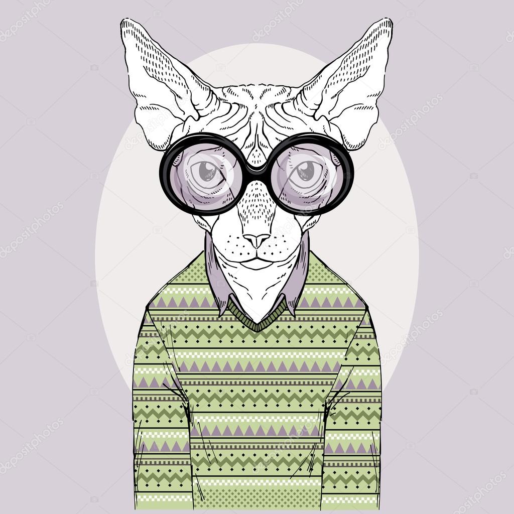 Hand Drawn Fashion Illustration of Sphinx Cat Hipster