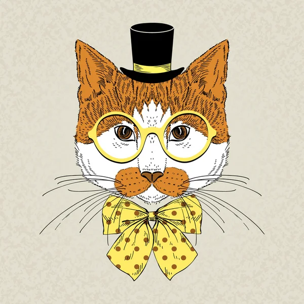 Hand draw fashion portrait of red cat hipster — Stock Vector