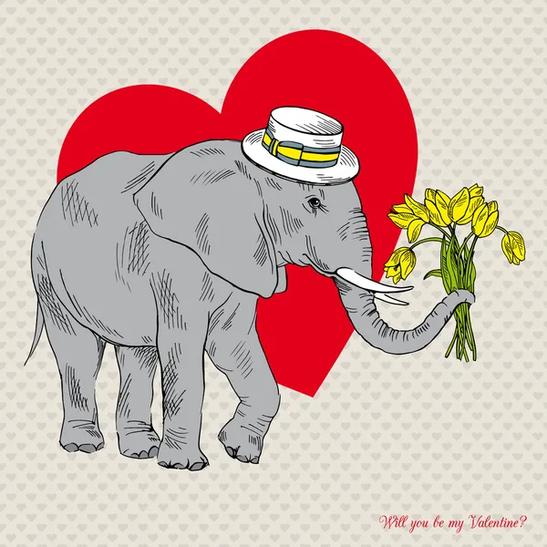 Schattig olifant in hoed met boeket van tulpen, romantische ontwerp — Stockvector