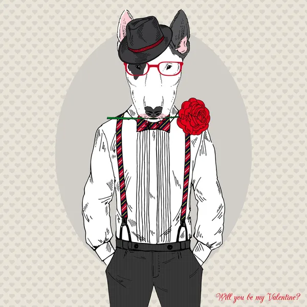 Romántico bullterrier perrito con rosa en colores — Archivo Imágenes Vectoriales