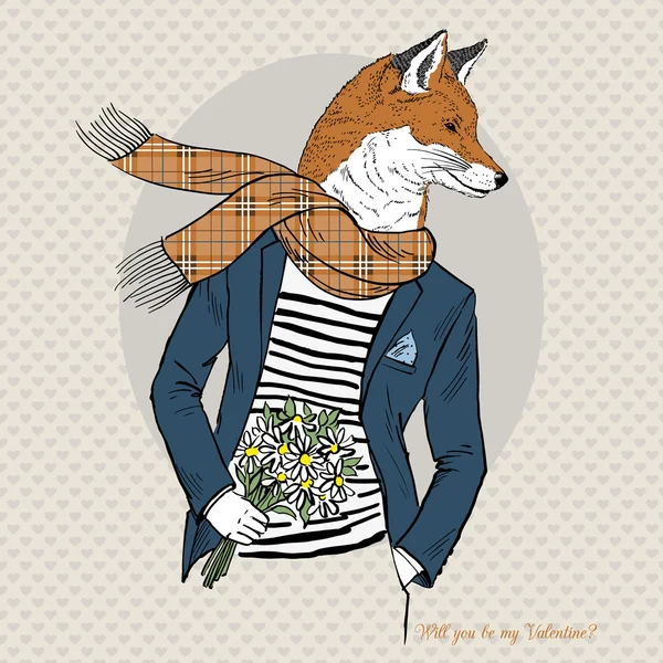 Romantische fox met bloemen in de hand — Stockvector