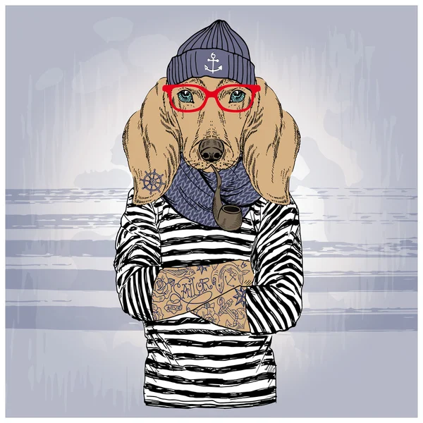 Hand drawn illustration of dachshund sailor with tattoo — Stock Vector