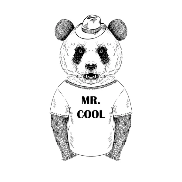 Ilustración dibujada a mano de panda hipster vestido — Vector de stock