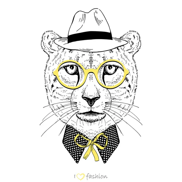 Hand drawn portrait of cheetah boy hipster — Stock Vector