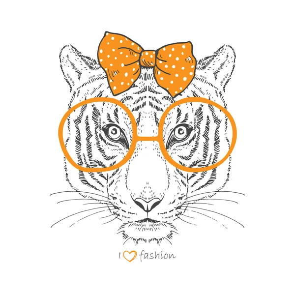 Hand drawn fashion portrait of tiger girl hipster — Stock Vector