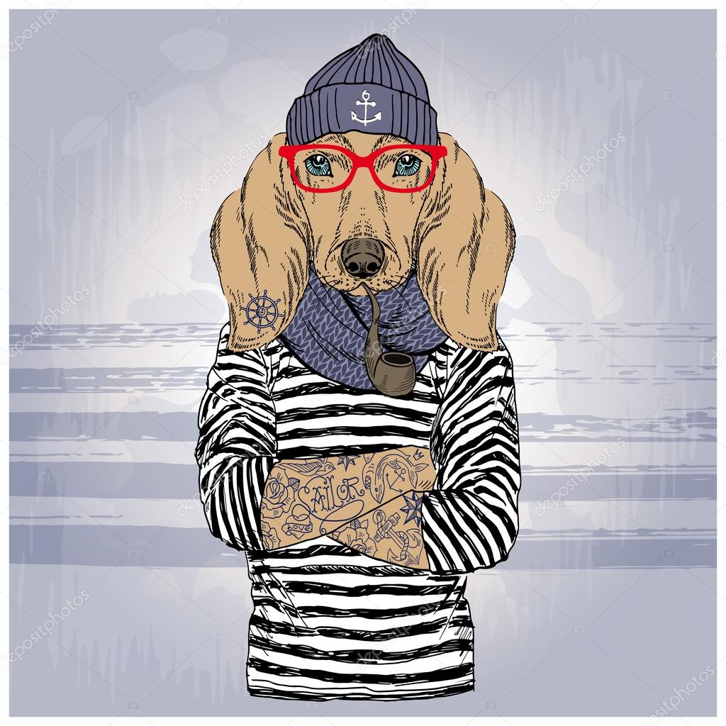 Hand drawn illustration of dachshund sailor with tattoo