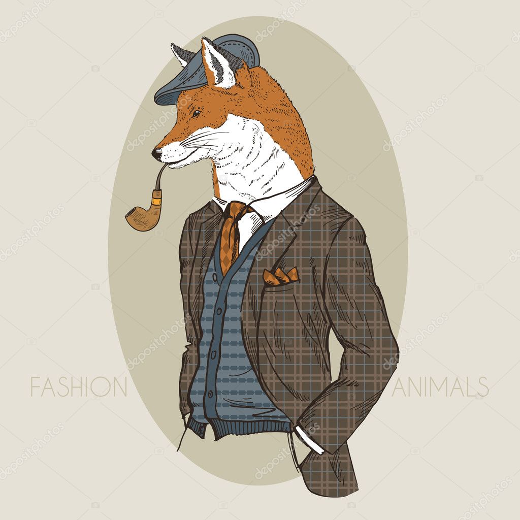 Illustrazione di moda di fox vestita fino mano disegnato con colori — Vettoriale Stock