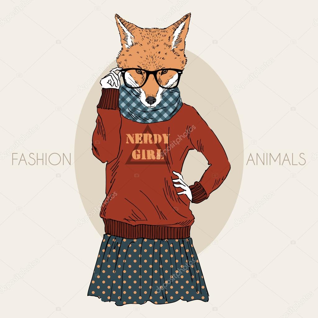 Dressed up nerdy fox girl in colors