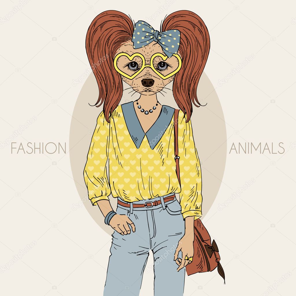 Dressed up doggy hipster girl in colors