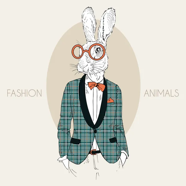 Lapin hipster habillé en manteau à carreaux à la mode — Image vectorielle