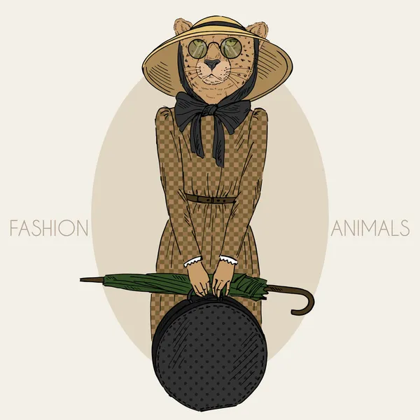 Vintage tarzı giyinmiş cheetah kız — Stok Vektör