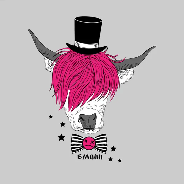 Ruční nakreslený portrét emo kráva — Stockový vektor
