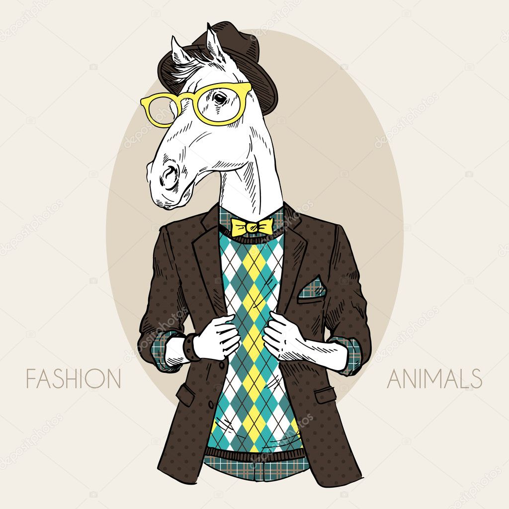 illustration of horse hipster in colors
