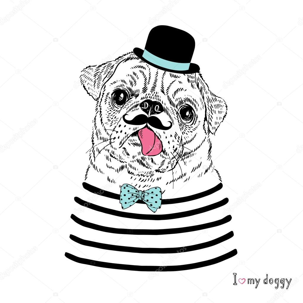 Funny pug doggy with mustache