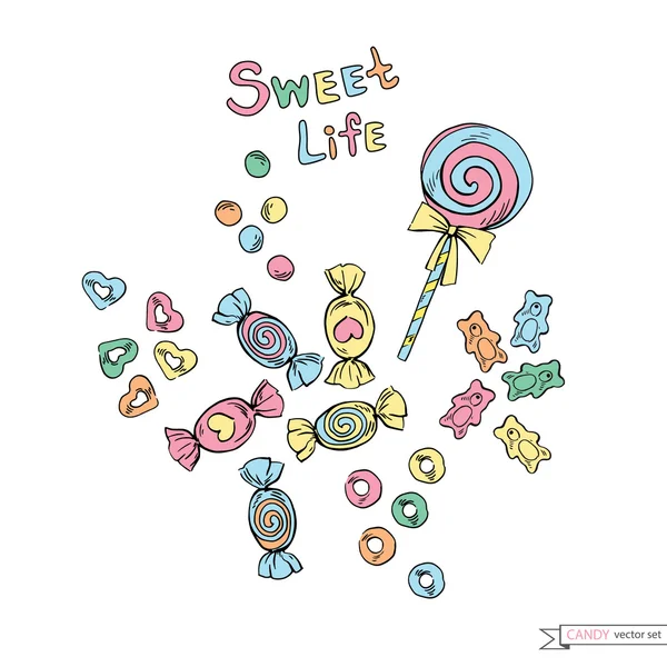 Mignon ensemble de bonbons doodle — Image vectorielle