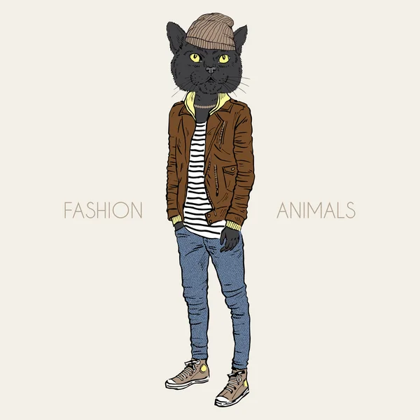 Gato negro vestido al estilo casual de la ciudad — Vector de stock