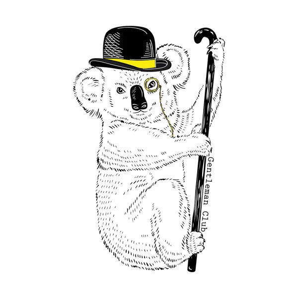 Koala in bowler hat and walking stick — Stock Vector