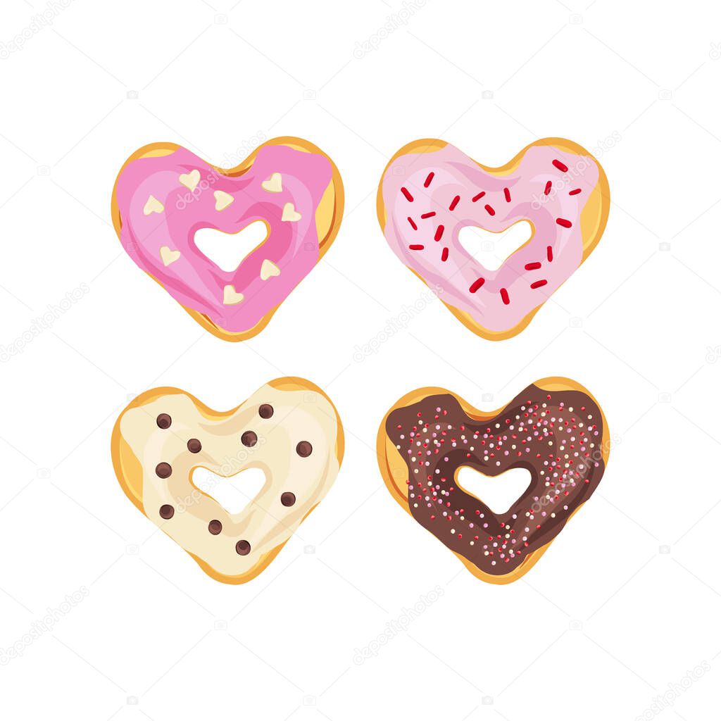 Heart shaped donuts vector clip art set isolated on white