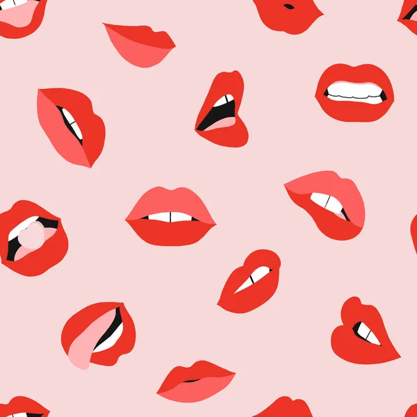 Feminine cheeky lips red lipstick make up seamless pattern — Stock Vector