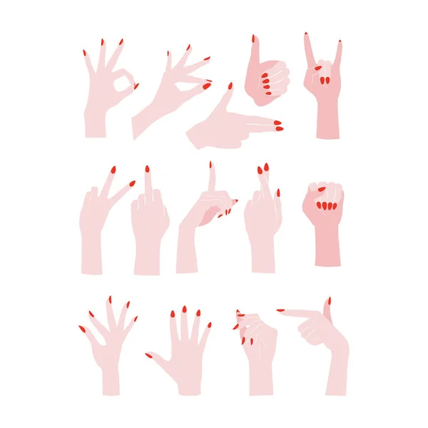 Frauenhände mit edlen roten Nägeln Maniküre Vektor Cliparts Set — Stockvektor