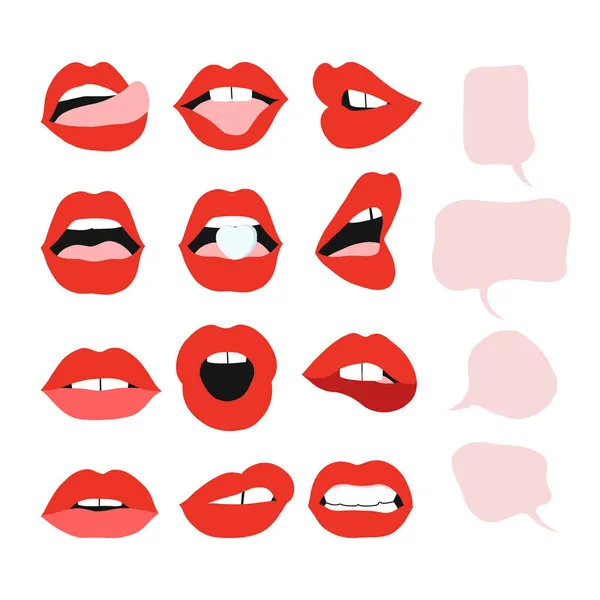 Mujer boca coqueta expresiones vector clipart conjunto aislado en blanco — Vector de stock