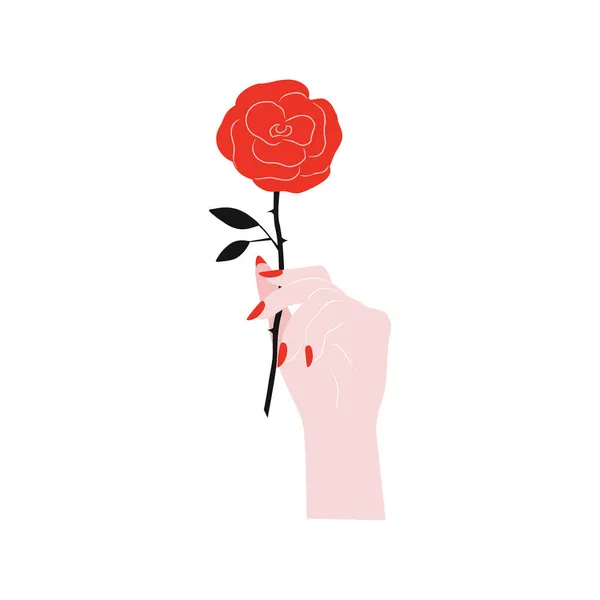 Main de femme avec manucure chic tenant clipart vecteur rose rouge isolé sur blanc — Image vectorielle