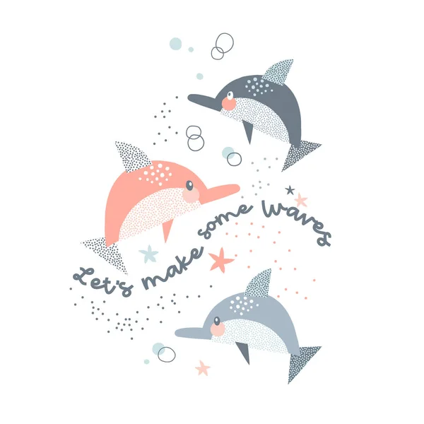 Manada de delfines con burbujas de agua vector ilustración — Vector de stock