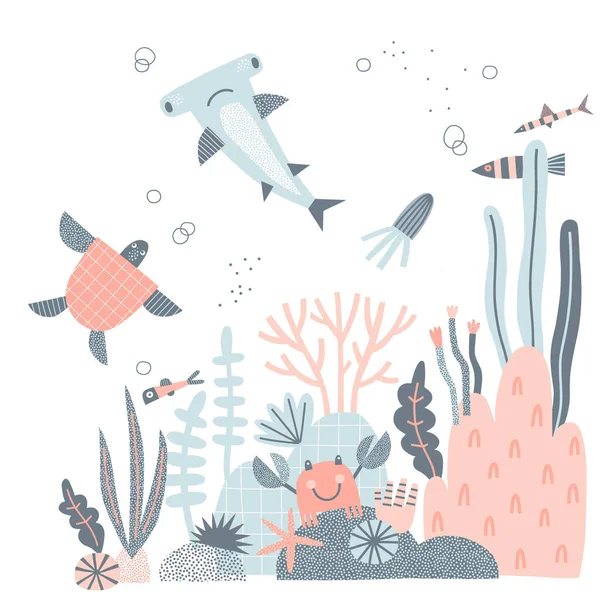 Lindo martillo tortuga marina Cangrejo peces medusas vector ilustración — Vector de stock