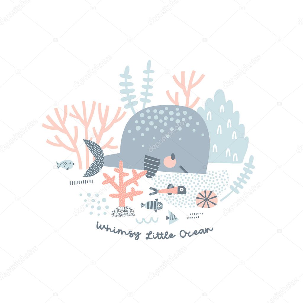 Whale and Fish on Seabed vector illustration
