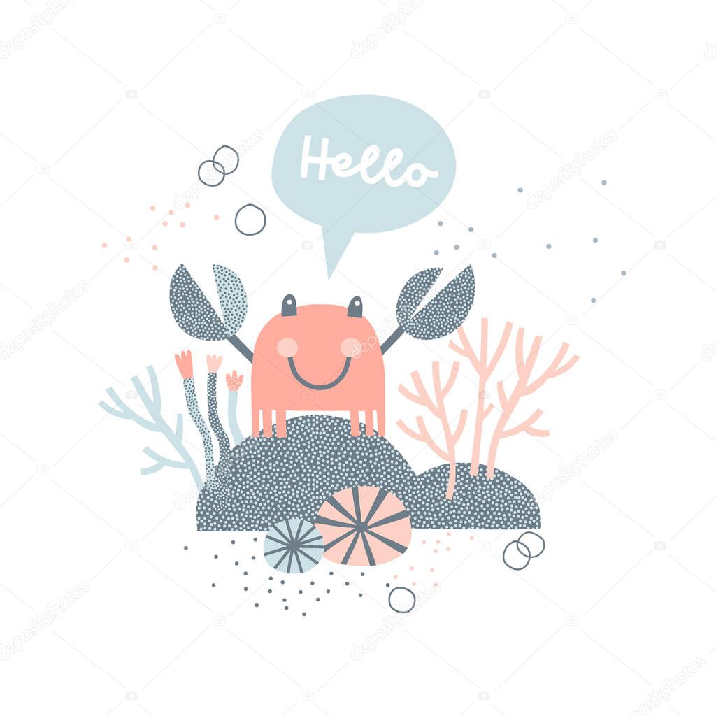 Greeting Crab on Seabed Coral reef vector illustration